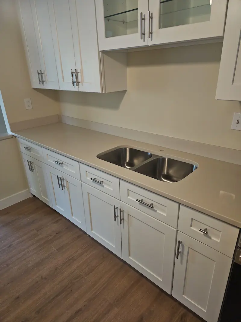 Modern kitchen renovation with white cabinets and double sink
